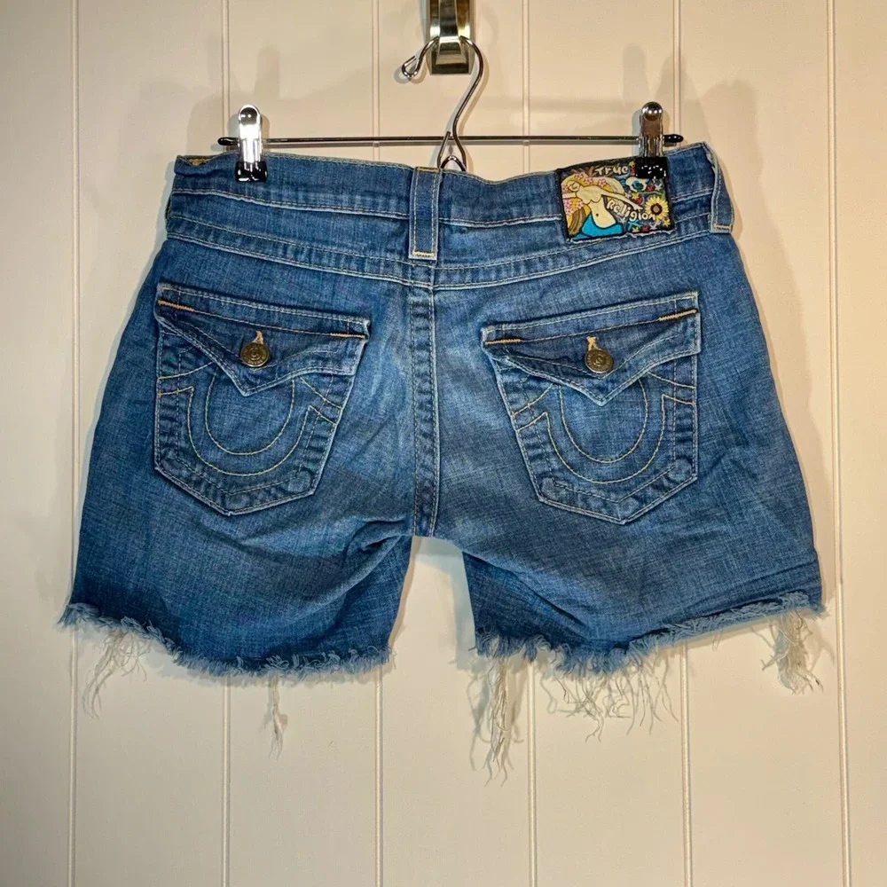 True Religion Joey Cut Off Denim Shorts Blue Mermaid Patch Size 27 Low Rise